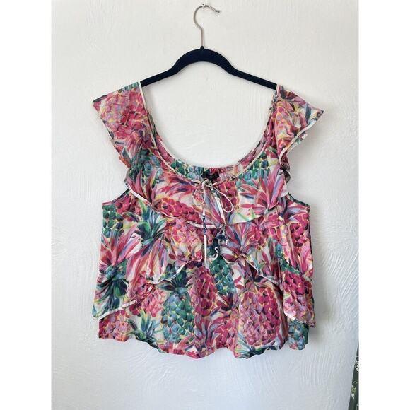 J Crew Tropical Floral Multicolor Top Blouse 10 Ruffles Flutter Sleeve Neck Tie - Picture 3 of 7